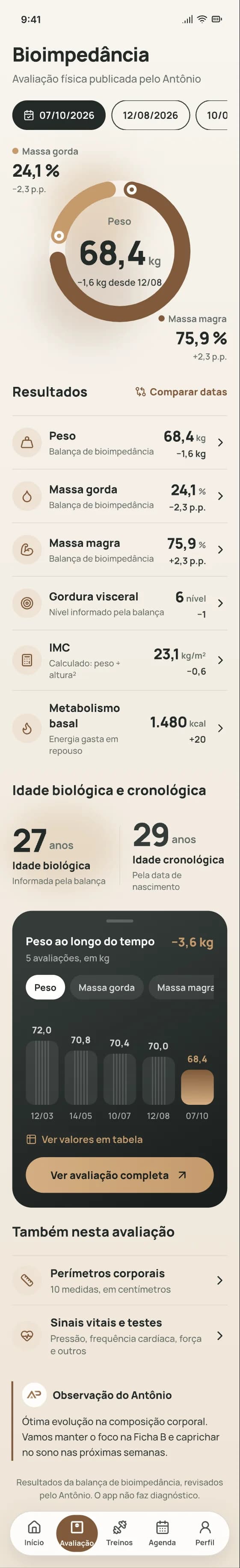 Tela de bioimpedância no app do aluno