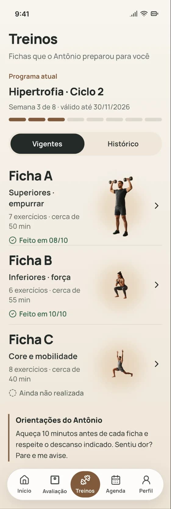 Tela Treinos do app do aluno